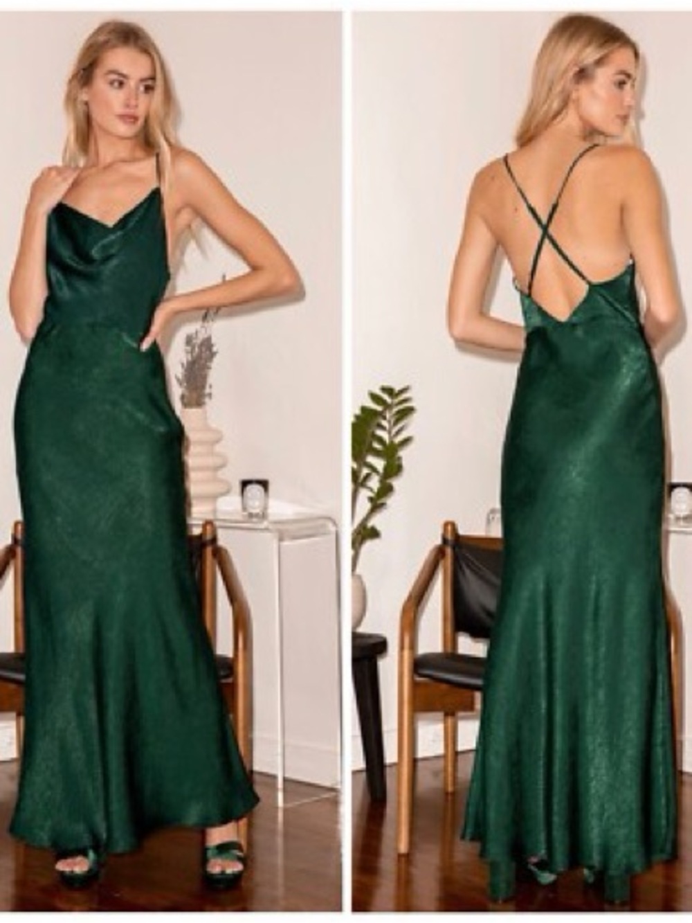 NWT Lulus Elegant Forest Green Satin Slip Dress